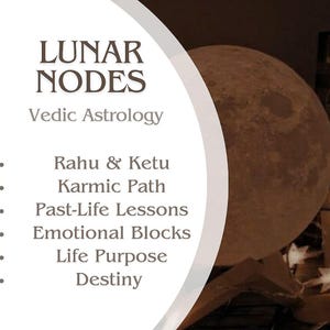 Op de afbeelding: Een afbeelding met de tekst "LUNAR NODES" en "Vedic Astrology". De tekst bevat onderwerpen als Rahu & Ketu, Karmic Path en Destiny. Op de achtergrond een grote, getextureerde, bruine bol, mogelijk een maan.