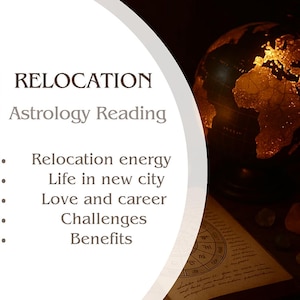 May include: An image promoting astrology readings for relocation. Text includes "RELOCATION Astrology Reading" and lists topics like relocation energy, life in a new city, love and career, challenges, and benefits. A globe and a book with astrological charts are also visible.