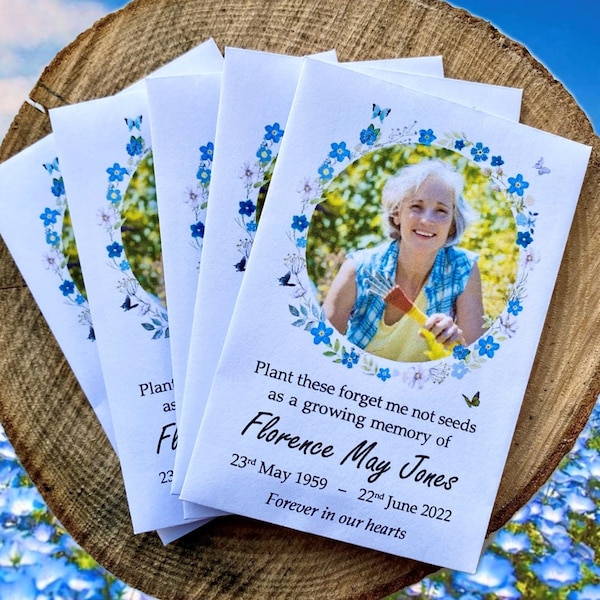 10 x Personalized Photo Forget-Me-Not containing seeds Funeral Memorial Memory Remembrance Favors