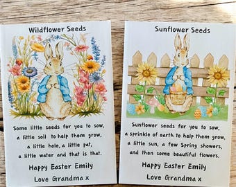 Personalized Happy Easter Gift Peter Rabbit Wildflower Seed Mix & Sunflower Packets ECO Friendly Spring nature Gift children kids or adults