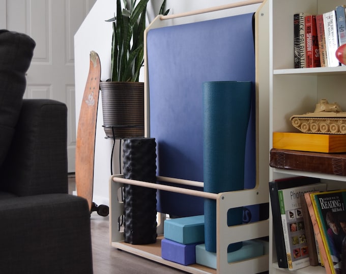 Yoga Mat Stand | Wood & Cork Yoga Mat Holder | Home Yoga Storage Rack for Mats, Blocks + Gear