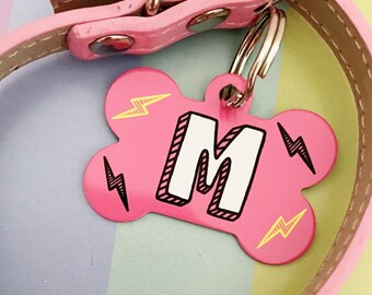 Initial Dog ID Tag, Lightning Dog Tag, Pink Dog Tag, Bone Dog ID Tag, Dog Name Tag UK, Waterproof Dog Tag, 3 Sizes Available , 3 Colours