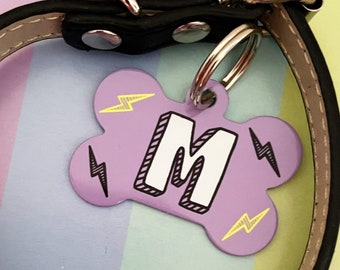 Initial Dog ID Tag, Lightning Dog Tag, Purple Dog Tag, Bone Dog ID Tag, Dog Name Tag UK, Waterproof Dog Tag, 3 Sizes Available , 3 Colours
