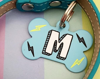 Lightning Dog Tag, Initial Dog Tag, Blue Dog Tag, Dog Bone ID Tag, Dog Name Tag UK, Waterproof Dog Tag, 3 Sizes Available , 3 Colours