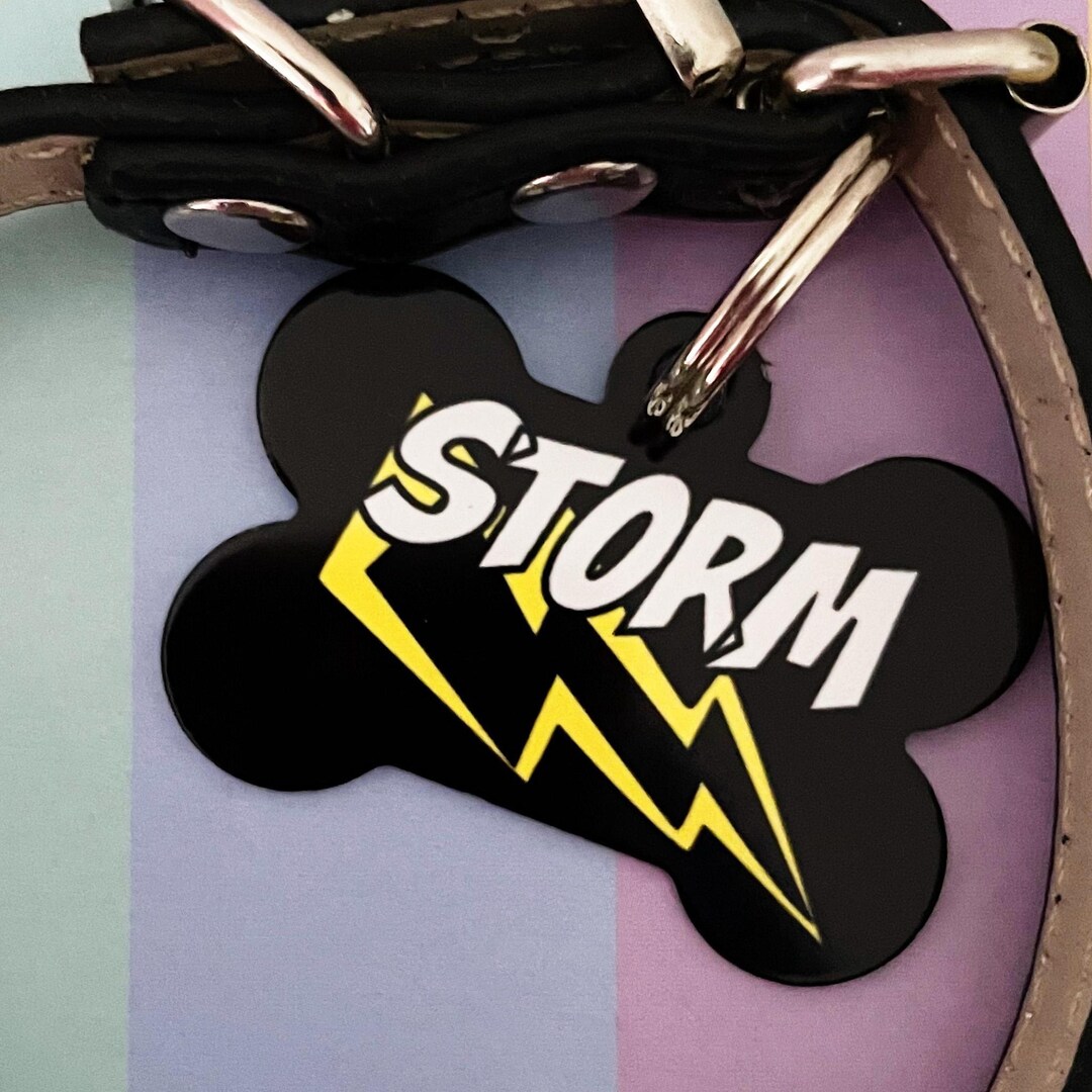 Lightning Bolt Dog Tag, Dog Name Tag UK, Black Dog Tag, Dog Bone ID Tag