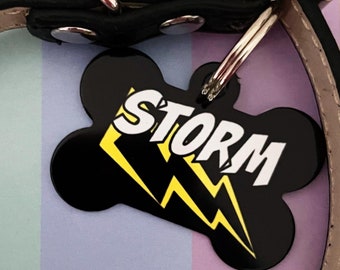 Lightning Bolt Dog Tag, Dog Name Tag UK, Black Dog Tag, Dog Bone ID Tag, Bone Pet ID Tag, Waterproof Dog Tag, 4 colours Available, 2 Sizes