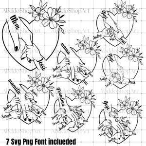 1～7個の花とハートの手、お母さん/おばあちゃんとお子様のSVG PNGバンドル、母の日デジタルファイル、カスタム名入りの手形、お子様の名前SVG PNG、最高のお母さんSVG