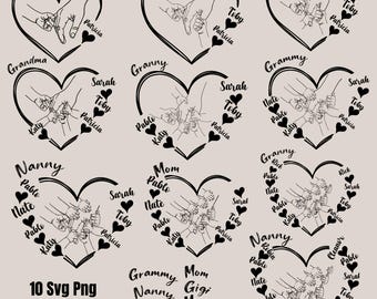1-10 Custom Heart Grandkid Name Png Svg, Mama Hand Svg, Grandma Love, Mother's Day Svg, Mom And Kid Hands Heart Svg