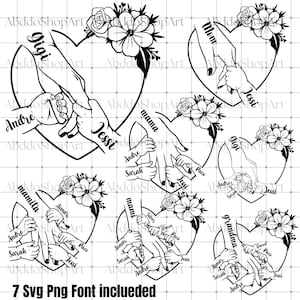 1～7個の花の手とママ/おばあちゃんと子供たちのSVG PNGバンドル、母の日デジタルファイル、カスタム名と子供の手の名前のSVG PNG、最高のお母さんへの贈り物SVG