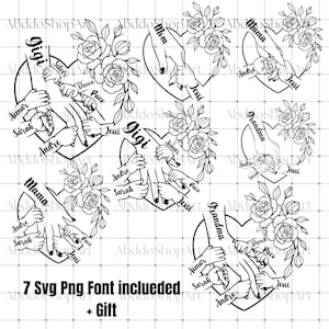 1～7個の花の手とママ/おばあちゃんと子供たちのSVG PNGバンドル、母の日デジタルファイル、カスタム名と子供の手の名前のSVG PNG、最高のお母さんへの贈り物SVG