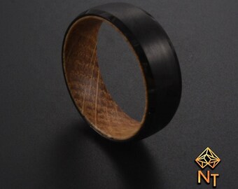 Whiskey Barrel Wood Ring Black Beveled Edge Tungsten Carbide 8mm Wood Inlay| Men's Tungsten Ring | Gift for Him | Men's Wedding Band