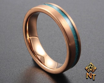 Tungsten Ring Rose Gold Band with Crushed Turquoise Center Inlay | Women's Tungsten Ring | Gift for Her | Wedding Band