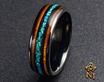 Men's Black Tungsten Ring with Turquoise Blue Opal Inlay | Gift for Him | Men's Tungsten Ring