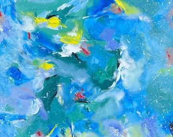 May include: Abstract painting with a blue, green, and white background. The painting features a variety of brushstrokes and colors, creating a dynamic and energetic composition.