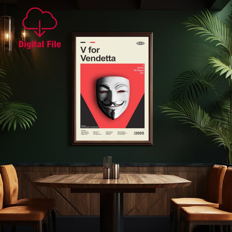 Mid Century Modern V for Vendetta Poster Digital Print, Modern Movie ...