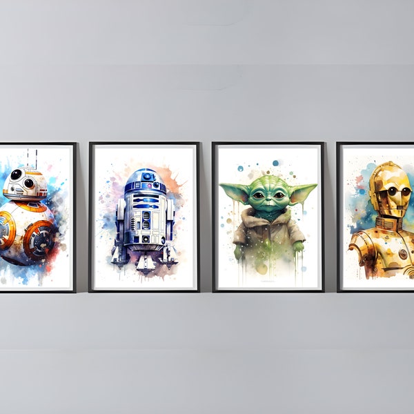 Star Wars Watercolor Collection, 4 Digital Downloadable Prints, Grogu, R2D2, BB-2, and C-3PO, BB8 Watercolor, R2D2 Poster, Star Wars