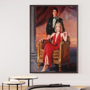 Tony Montana and Elvira Hancock Portrait Canvas Wall Art, Movie Poster Wall Art, Scarface Movie Painting, Framed Canvas, Ready to Hang.