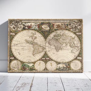 Poster con mappa del mondo d'epoca, antica stampa murale, stampa antica, arte educativa d'epoca, tonalità seppia, Nova Totius, pronto da appendere.