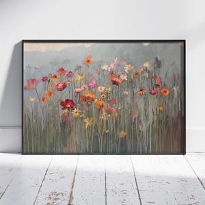 Vintage Wildflower Field Framed Canvas Art: Botanical Landscape