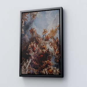 May include: A framed canvas print of a classical painting depicting a celestial scene. The artwork features numerous figures in various poses, set against a backdrop of clouds and a blue sky. The color palette includes shades of red, gold, and blue.