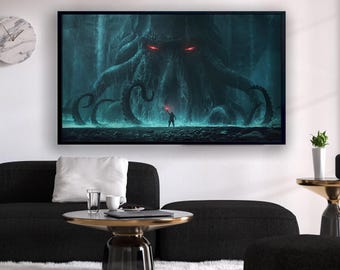 May include: A framed art print depicting a dark fantasy scene. A colossal, tentacled creature with glowing red eyes looms over a lone figure holding a light source. The artwork is set in a shadowy, aquatic environment.