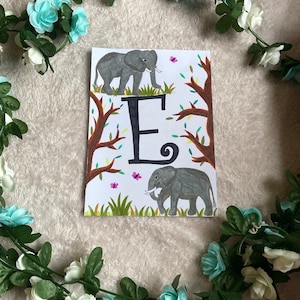 Impresión inicial personalizada, Dibujo de letra E A5, Elefante, Cartel del alfabeto, Impresión del alfabeto Impresión animal, Tarjetas didácticas del alfabeto, Decoración de la guardería
