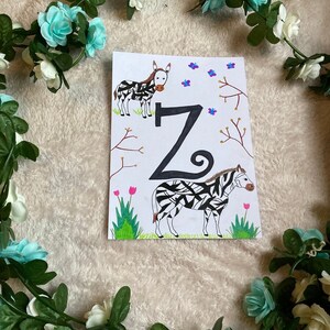 Personalised Initial Print, Letter Z drawing A5, Zebra, Alphabet poster, Alphabet print Animal print, Alphabet flashcards, Nursery decor