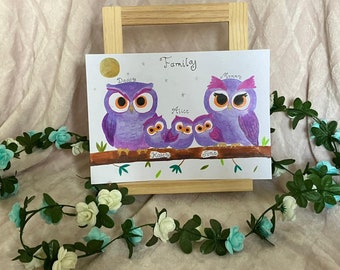 Customised Owl Family Wall art for Nursery, Animal print, family portrait, baby wall decor, Christmas gift, personalised family prints,