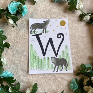 Impresión inicial personalizada, Dibujo de letra W A5, Lobo, Cartel del alfabeto, Impresión del alfabeto Impresión animal, Tarjetas didácticas del alfabeto, Decoración de la guardería