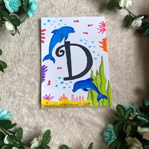 Impression initiale personnalisée, lettre D dessin A5, dauphin, affiche alphabet, impression alphabet, impression animal, cartes mémoire alphabet, décoration de chambre d'enfant