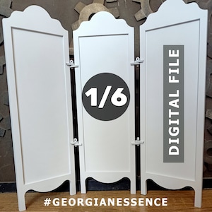 May include: White three-panel room divider with a decorative top and curved bottom. The divider is made of wood and has a white finish. The divider is closed and the middle panel has a black circle with the text "1/6" in white. The right panel has a vertical gray rectangle with the text "DIGITAL FILE" in white. The text "#GEORGIANESSENCE" is at the bottom of the image.