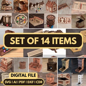 May include: A collection of 14 laser-cut wooden gaming accessories including dice towers, storage chests, and game boards. The set features various structures like houses, a coliseum, and trays with engraved dragon motifs and geometric patterns.