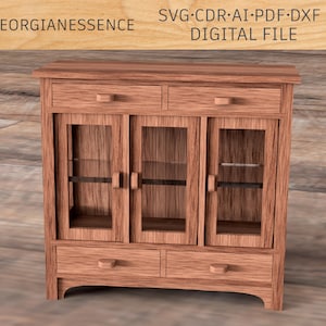 May include: A wooden cabinet with three glass doors and two drawers. The cabinet has a light brown finish and is made of solid wood. The cabinet is a decorative piece of furniture that can be used to store items or display items.