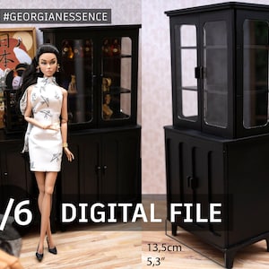 May include: Black wooden dollhouse furniture, a 1/6 scale hutch with glass doors and shelves. The hutch is 13 inches tall and 5.3 inches wide. #GeorgianEssence 1/6 DIGITAL FILE
