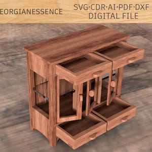 May include: A wooden cabinet with four drawers and two doors. The drawers are open and the doors are ajar. The cabinet is made of light brown wood and has a simple design.