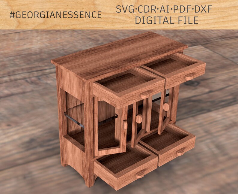 May include: A wooden cabinet with four drawers and two doors. The drawers are open and the doors are ajar. The cabinet is made of light brown wood and has a simple design.