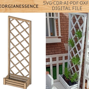 Puede incluir: Un archivo digital para un enrejado de madera con una jardinera. El enrejado tiene un patrón de diamante y está diseñado para ser utilizado como soporte para plantas. La jardinera está unida a la parte inferior del enrejado. La imagen muestra una representación 3D del enrejado y una foto del enrejado en un entorno real.