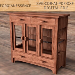 May include: A wooden cabinet with glass doors and drawers. The cabinet has a dark brown finish and is decorated with simple, traditional details. #GEORGIANESSENCE SVG.CDR.AI.PDF.DXF DIGITAL FILE