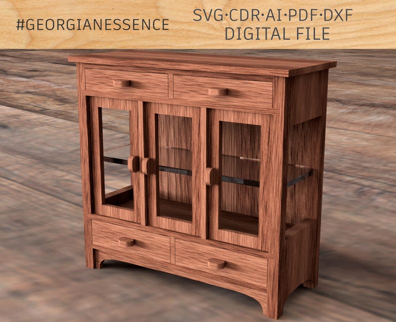 May include: A wooden cabinet with glass doors and drawers. The cabinet has a dark brown finish and is decorated with simple, traditional details. #GEORGIANESSENCE SVG.CDR.AI.PDF.DXF DIGITAL FILE