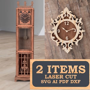 May include: A tall wooden grandfather clock with a dark wood finish and a separate ornate wall clock featuring a light wood frame and dark wood center. A rectangular sign displays the text 2 ITEMS LASER CUT SVG AI PDF DXF in light font.