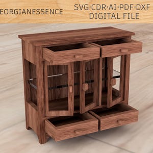 May include: A wooden cabinet with glass doors and drawers. The cabinet has a dark brown finish and is made of solid wood. The doors are open and the drawers are pulled out, revealing the interior of the cabinet. The cabinet is sitting on a wooden floor.