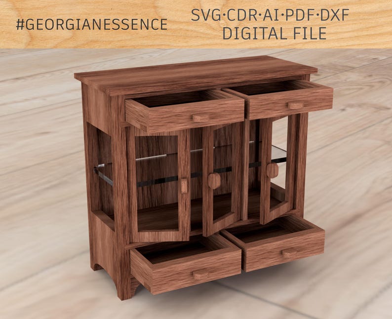 May include: A wooden cabinet with glass doors and drawers. The cabinet has a dark brown finish and is made of solid wood. The doors are open and the drawers are pulled out, revealing the interior of the cabinet. The cabinet is sitting on a wooden floor.