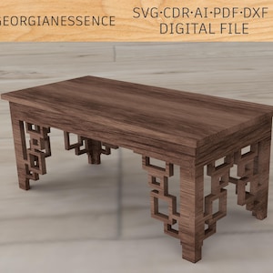 Puede incluir: Una mesa de café de madera marrón oscuro con un diseño de corte geométrico en las patas. La mesa está sobre un suelo de madera marrón claro.