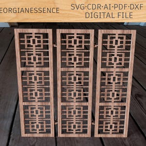 May include: Three wooden panels with a geometric pattern cut out. The panels are arranged side by side and have a light brown wood grain.