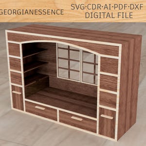 May include: A wooden model of a built-in bookcase with a window and a shelf unit. The bookcase has a light brown wood finish and a white trim. The window has a grid pattern and is framed in white. The shelf unit has four shelves and is open on the front. The model is designed to be cut out and assembled. #GeorgianEssence SVG.CDR.AI.PDF.DXF DIGITAL FILE
