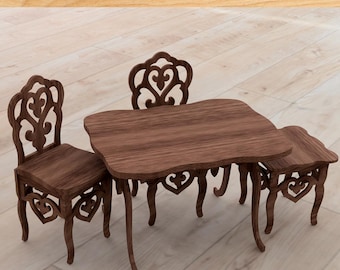 Miniature dining set laser cutting files for dollhouse furniture - svg, dxf, AI, CDR, PDF