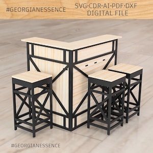 Könnte beinhalten: Eine digitale Datei für eine Eckbar und drei passende Hocker mit heller Holzmaserung und schwarzen Metallrahmen mit X-förmigen Stützen. Der Text #GEORGIANESSENCE und SVG CDR AI PDF DXF DIGITAL FILE sind im Bild deutlich zu erkennen.