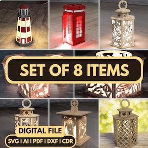 May include: A digital file set of 8 items featuring laser-cut designs including a red and white lighthouse, a red telephone box, and various wooden lanterns with intricate floral, lattice, and scenic cutouts, labelled as SVG, AI, PDF, DXF, and CDR.