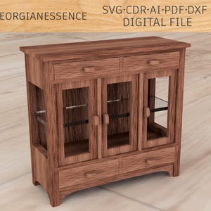 May include: A wooden cabinet with glass doors and drawers. The cabinet has a dark brown finish and features a simple design. #GeorgianEssence SVG.CDR.AI.PDF.DXF DIGITAL FILE