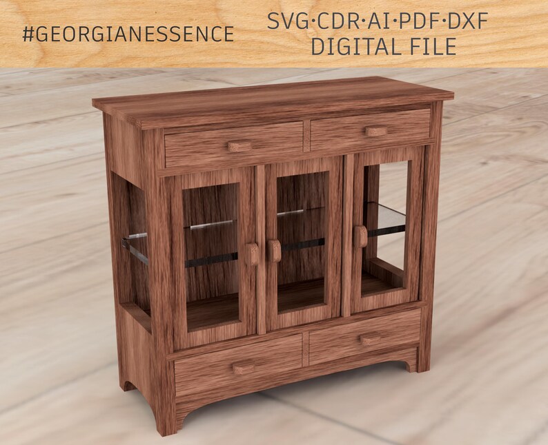 May include: A wooden cabinet with glass doors and drawers. The cabinet has a dark brown finish and features a simple design. #GeorgianEssence SVG.CDR.AI.PDF.DXF DIGITAL FILE